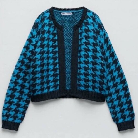 Zara‎ Houndstooth Chunky Blue Black Open Front Cardigan L Slouchy Preppy Casual - Picture 2 of 16